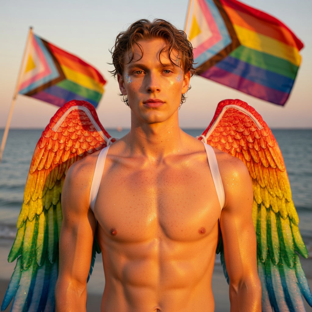 A shirtless person in LGBT Angel Rainbow Wings Costume on a sunset beach, glitter on their face