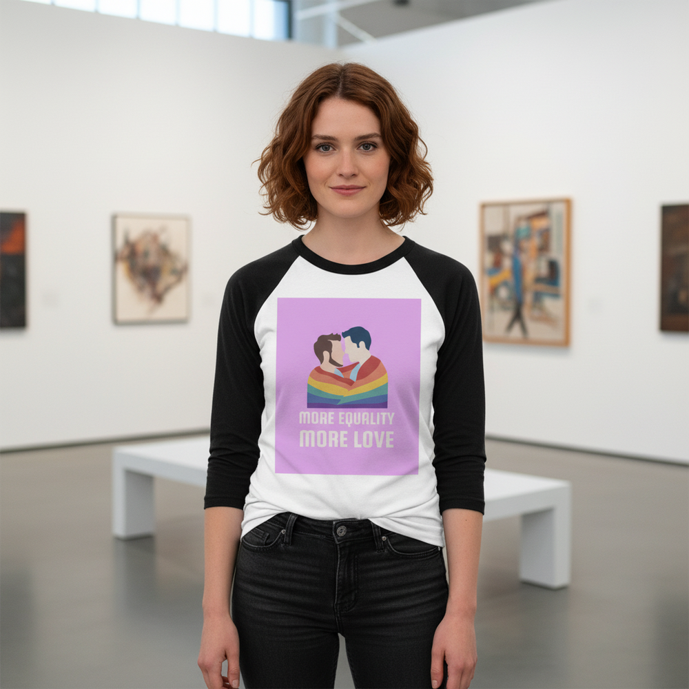 LGBT 3/4 sleeve raglan tee with two figures hugging, a rainbow heart