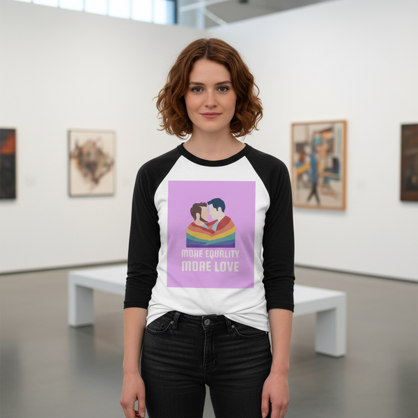 LGBT 3/4 sleeve raglan tee with two figures hugging, a rainbow heart
