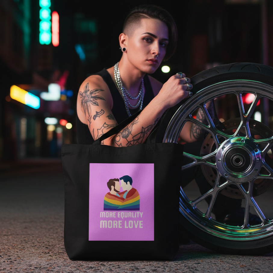 Black tote bag with rainbow couple graphic and “MORE EQUALITY MORE LOVE” text beside a motorcycle wheel