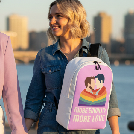 Minimalist LGBT couple backpack shows two figures in rainbow shirts and MORE EQUALITY