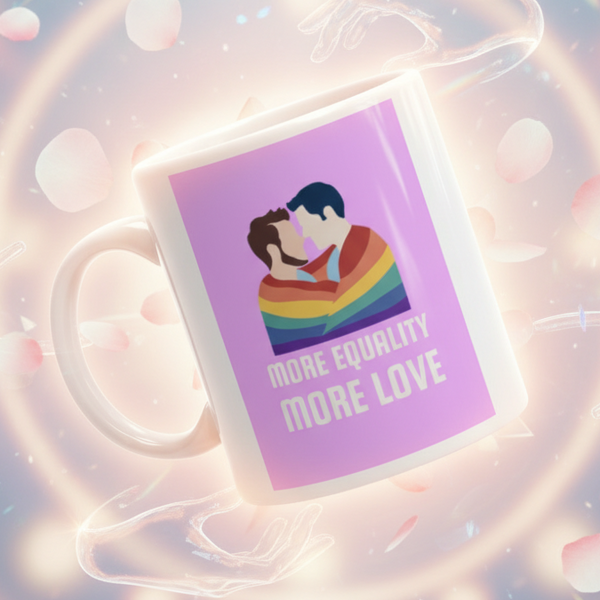 Angled white mug showing two people embracing under a rainbow with “MORE EQUALITY MORE LOVE”