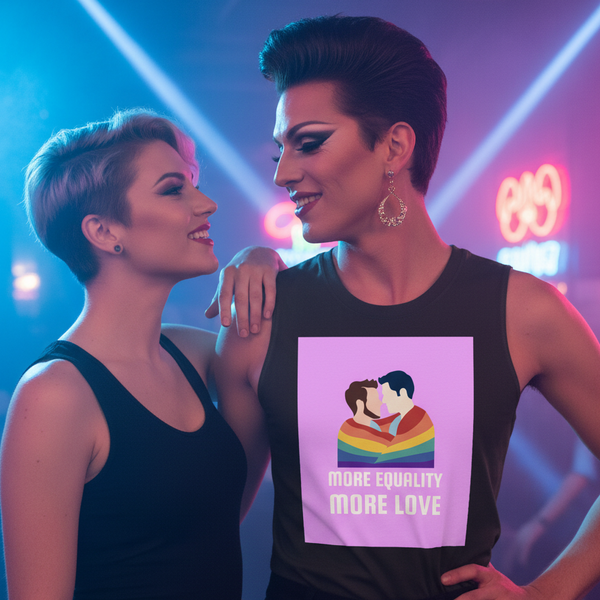 LGBT Couple Muscle Top with rainbow couple graphic and slogan 