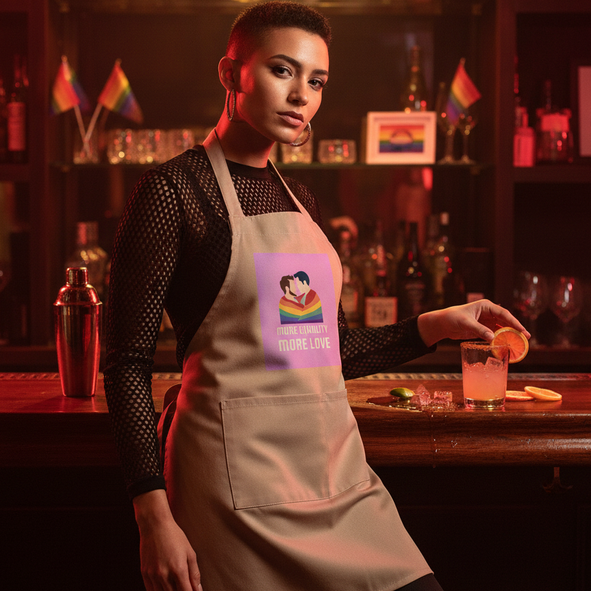 Bartender wearing a beige apron with a rainbow kissing-couple graphic and “More Equality More Love”