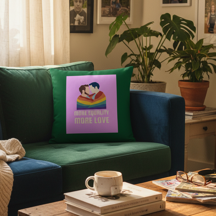 Green and blue sofa with an LGBT Couple Pillow showing two people in a rainbow flag and the text “MORE EQUALITY MORE LOVE.”.
