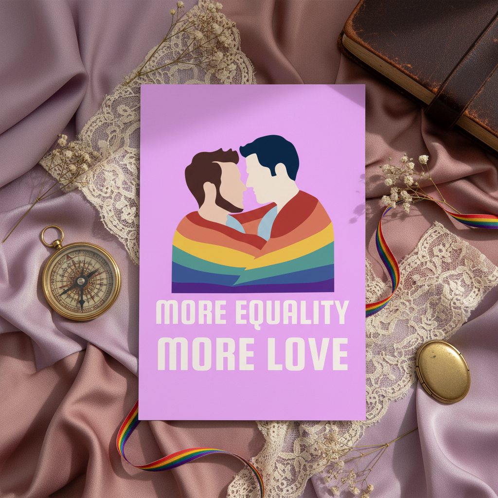 LGBT couple postcard with two people in rainbow shirts hugging on pink satin and lace, bold text "More Equality, More Love"