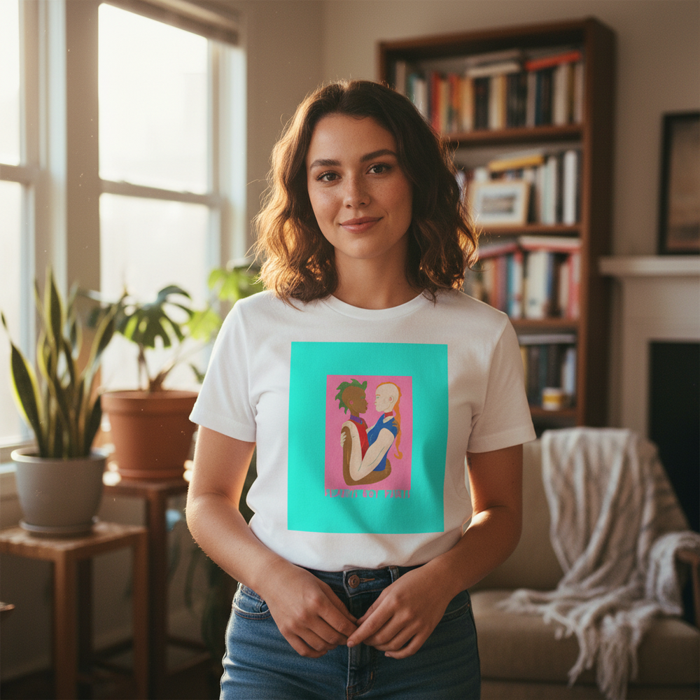 LGBT Couple T-Shirt with a blue illustrated print of a person holding a baby