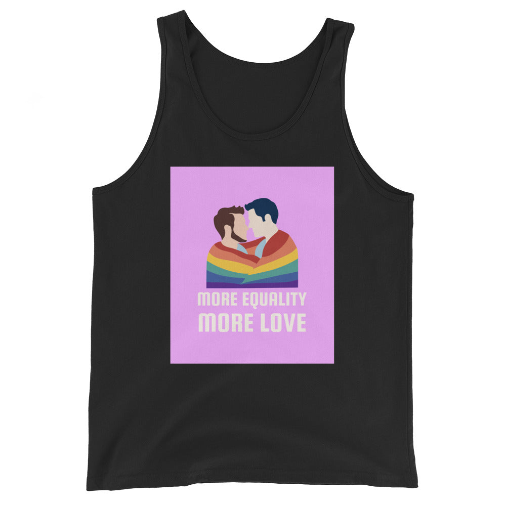 Black tank top with rainbow-wrapped couple graphic and “MORE EQUALITY MORE LOVE” text