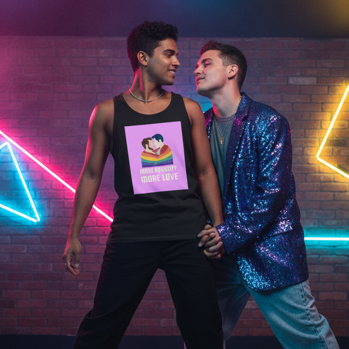 Two people pose together in a black tank top reading “More Equality More Love”