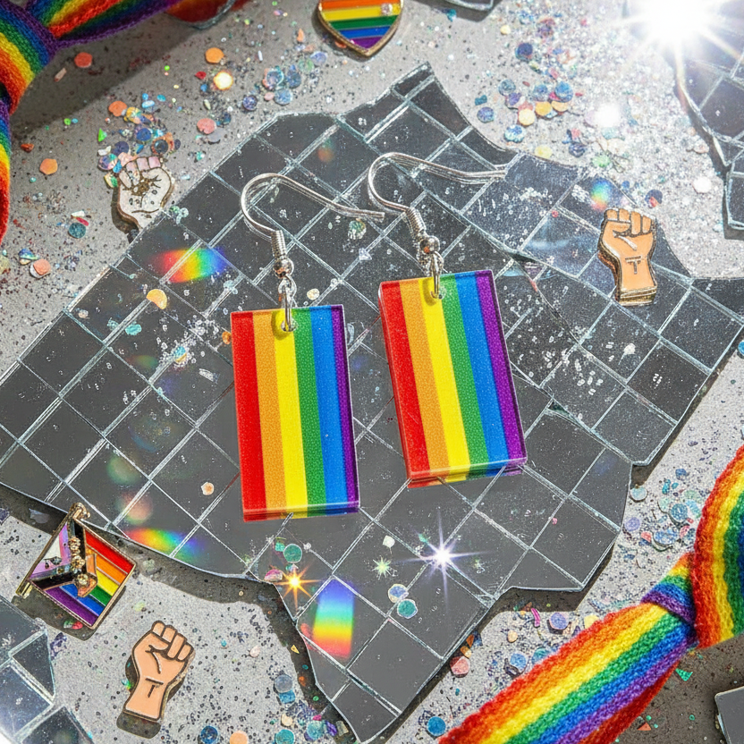 Pair of rectangular rainbow-striped acrylic dangle earrings on a glittery Pride-themed background