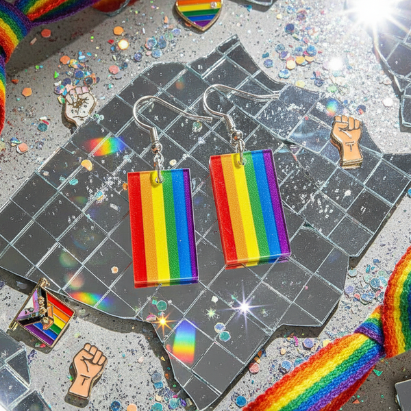 Pair of rectangular rainbow-striped acrylic dangle earrings on a glittery Pride-themed background