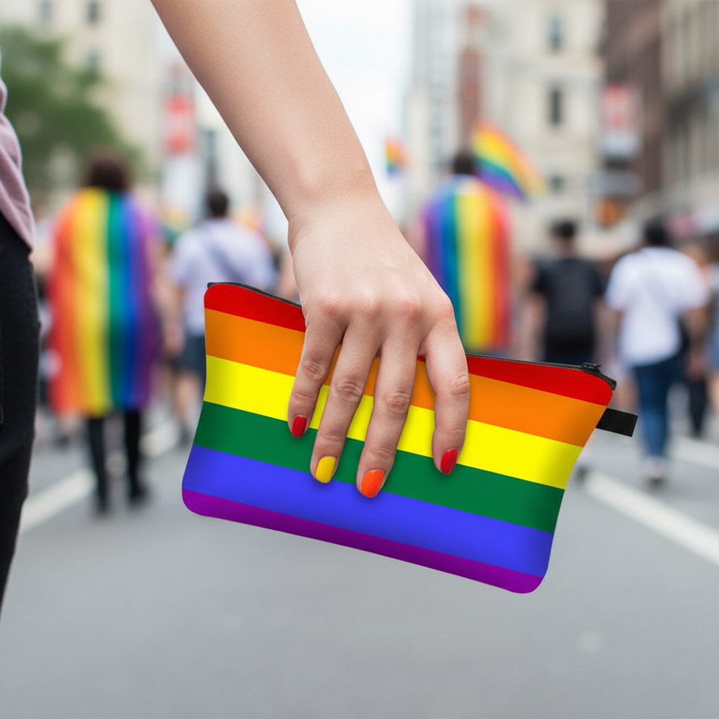 Close-up of a rainbow Pride cosmetic pouch held during a street Pride event