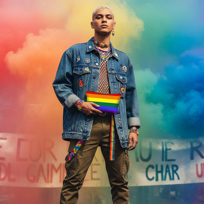Rainbow-striped LGBT cosmetic pouch held by a model in a denim jacket