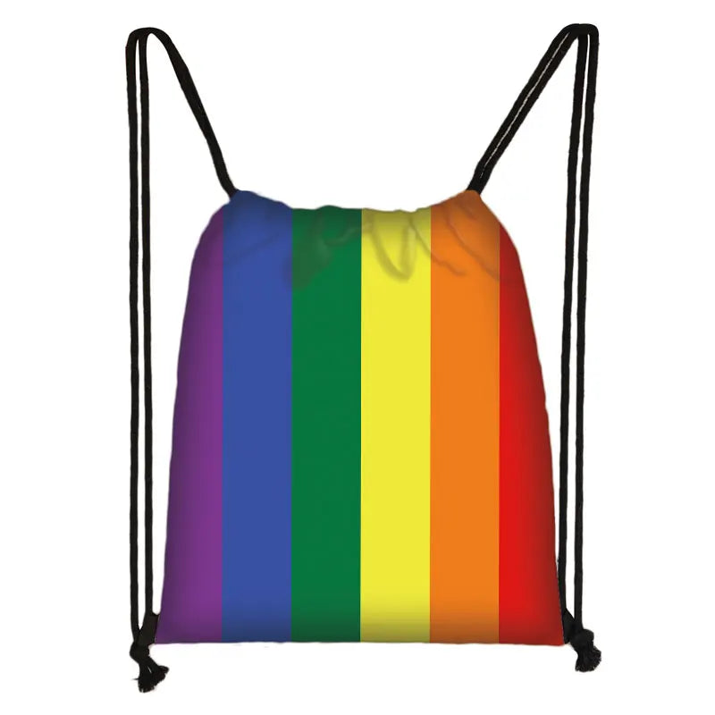 Front view of a rainbow-striped drawstring bag with black shoulder cords