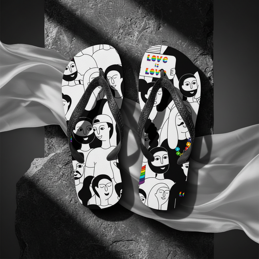 LGBT flip-flops with black straps, a black-and-white crowd, rainbow heart and accents, “LOVE IS LOVE” slogan