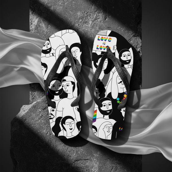 LGBT flip-flops with black straps, a black-and-white crowd, rainbow heart and accents, “LOVE IS LOVE” slogan