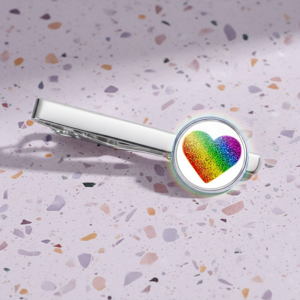 Silver LGBT tie clip with a round end features a rainbow glitter heart