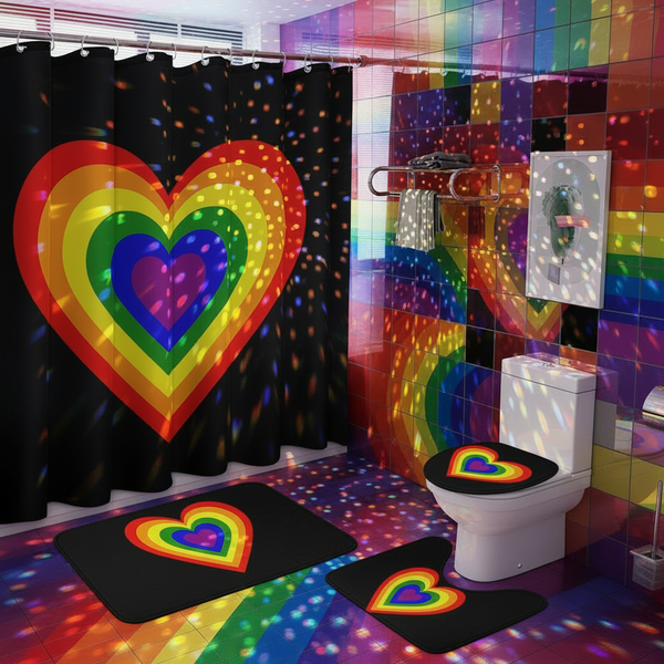 Black shower curtain and bathroom mats with rainbow heart designs in a colorful tiled bathroom