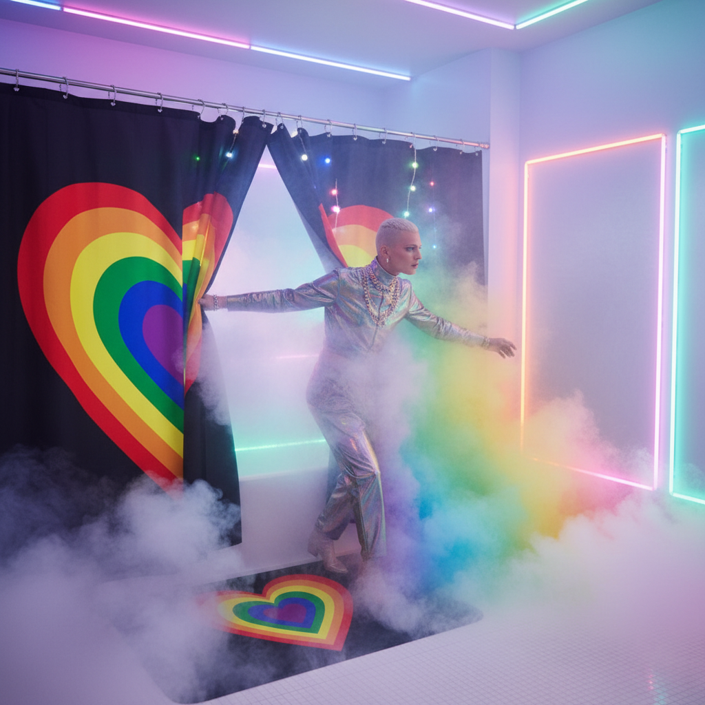 Rainbow heart shower curtain and matching bath mat in a neon-lit bathroom scene