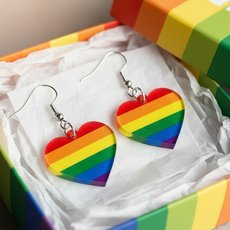 Rainbow-striped heart dangle earrings displayed on tissue paper in an open rainbow-colored box