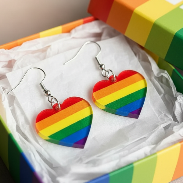 Rainbow-striped heart dangle earrings displayed on tissue paper in an open rainbow-colored box