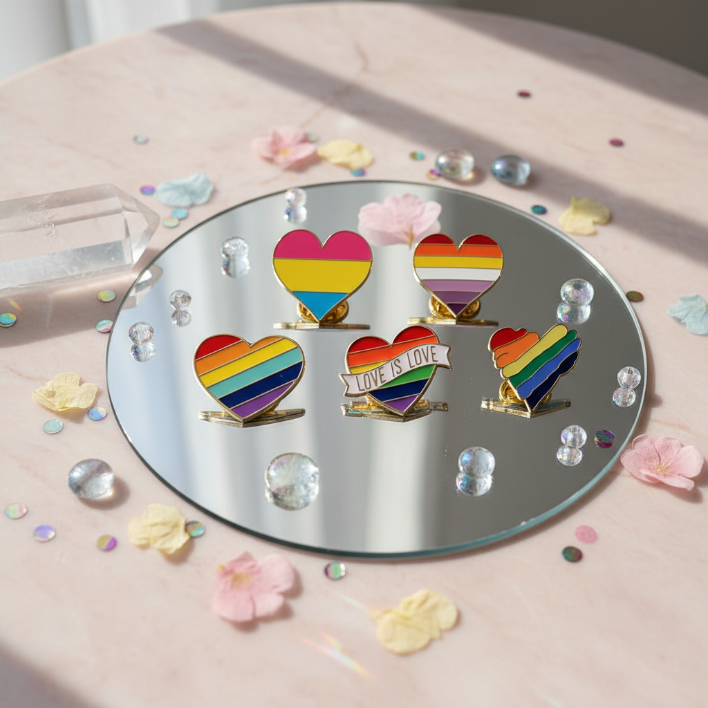 Six gold-edged pride heart pins arranged on a round mirror, including one reading “LOVE IS LOVE”