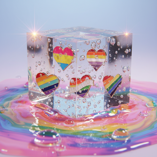 Five rainbow heart enamel pins displayed on a clear, bubble-textured cube in colorful liquid