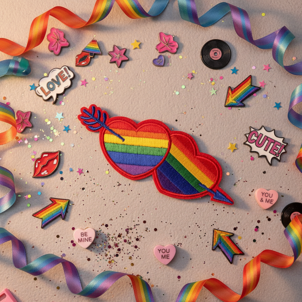 Embroidered LGBT heart patch with rainbow stripes and arrow, plus rainbow ribbons, glitter, pins, star charms, records