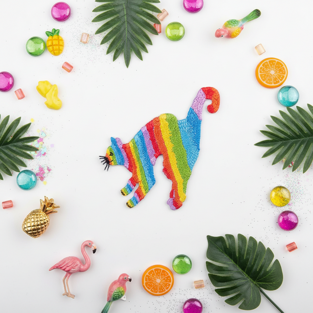 LGBT Lemur Iron-On Embroidered Patch pops on white, framed by tropical leaves, flamingo toys, fruits, birds, candy