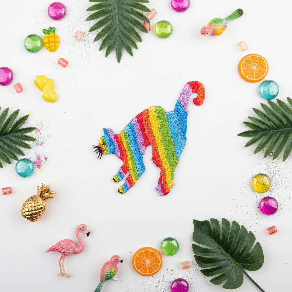 LGBT Lemur Iron-On Embroidered Patch pops on white, framed by tropical leaves, flamingo toys, fruits, birds, candy