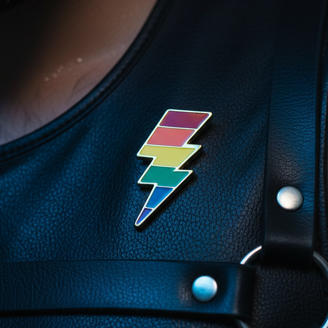 Rainbow-striped lightning bolt enamel pin on a black leather garment