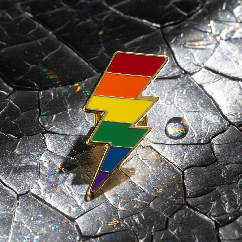 Rainbow lightning-bolt enamel pin on a reflective cracked black surface