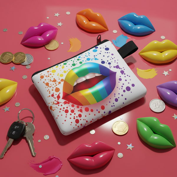 Rainbow lips coin purse with colorful dotted print, shown with coins and keys