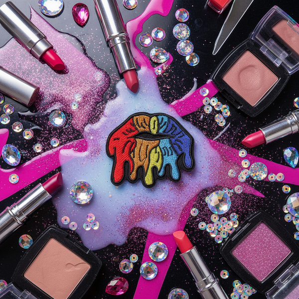 LGBT Melted Lips iron-on patch, embroidered and vibrant, with pink liquid, glitter, sequins