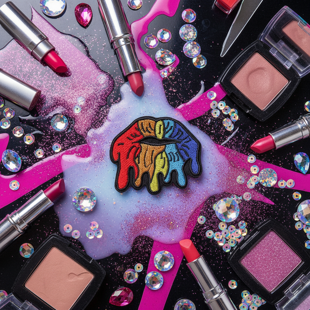 LGBT Melted Lips iron-on patch, embroidered and vibrant, with pink liquid, glitter, sequins