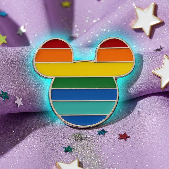 Close-up of a rainbow-striped mouse-shaped LGBT pride enamel pin on glittery purple fabric