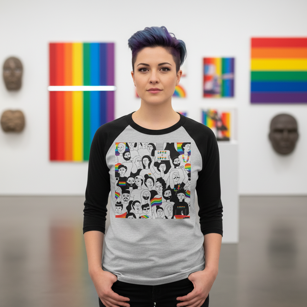 Model wearing a gray-and-black raglan shirt with a collage of illustrated faces and rainbow flags
