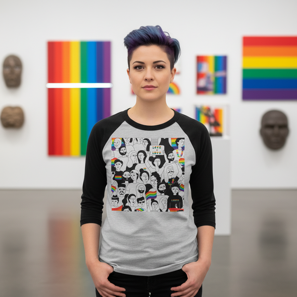 Model wearing a gray-and-black raglan shirt with a collage of illustrated faces and rainbow flags