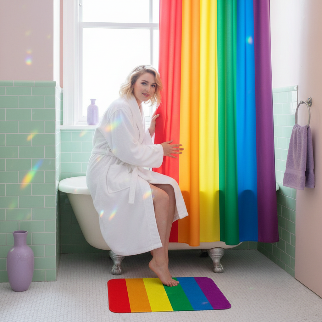 Person in white robe beside a rainbow-striped shower curtain and bath mat