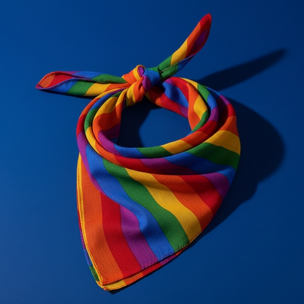 Rainbow-striped bandana tied at the top, photographed against a blue background