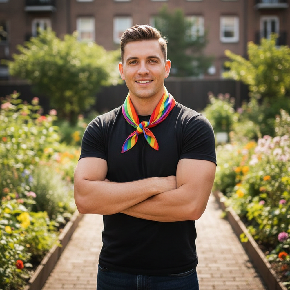 Person with short brown hair stands in sunlit garden, arms crossed