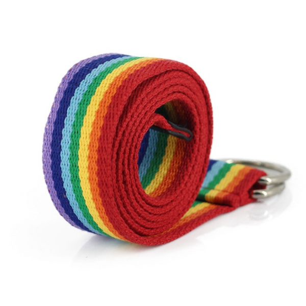 Rolled rainbow-striped woven belt with a silver metal buckle on a white background