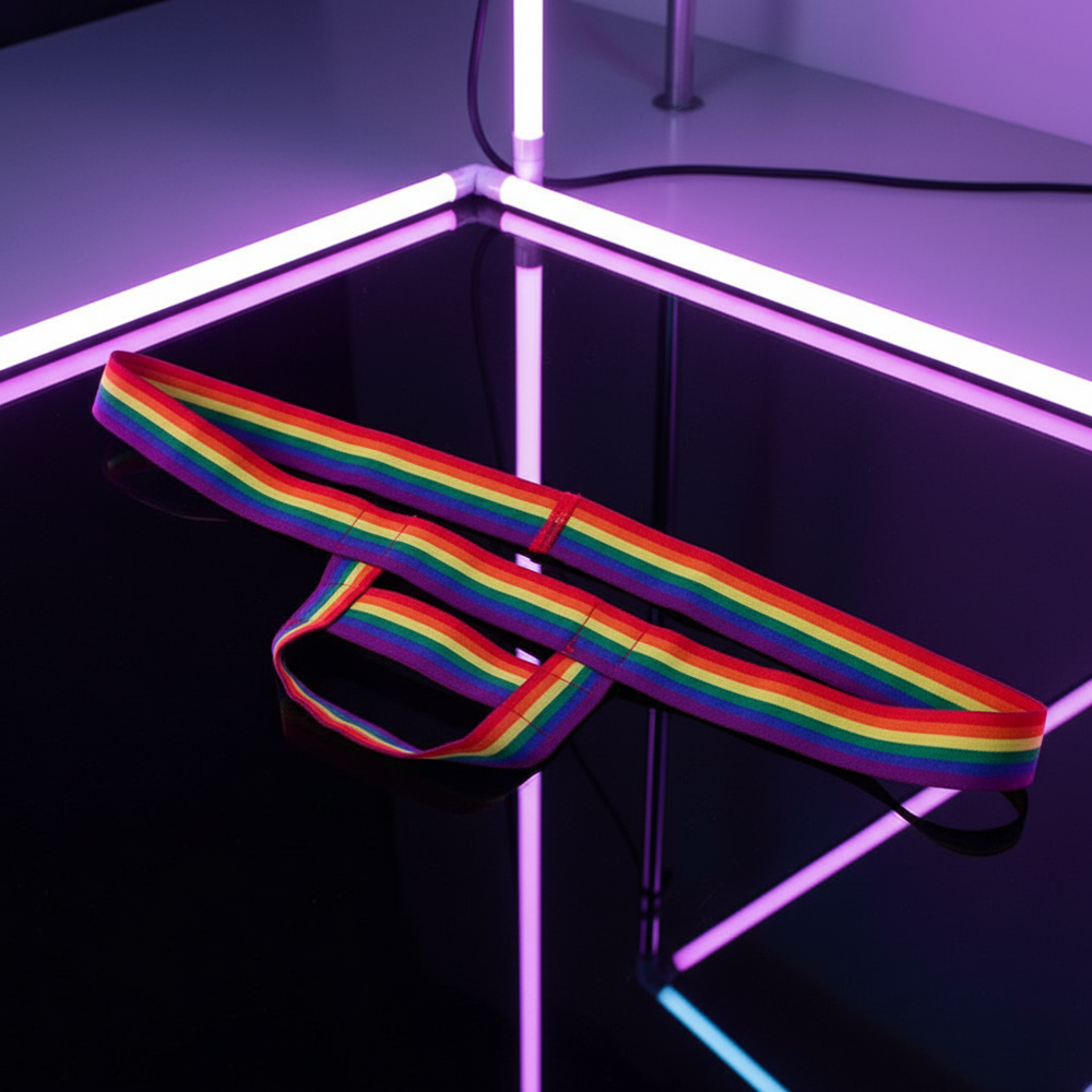 LGBT Pride C-Ring Underwear on reflective black surface with vibrant rainbow stripes