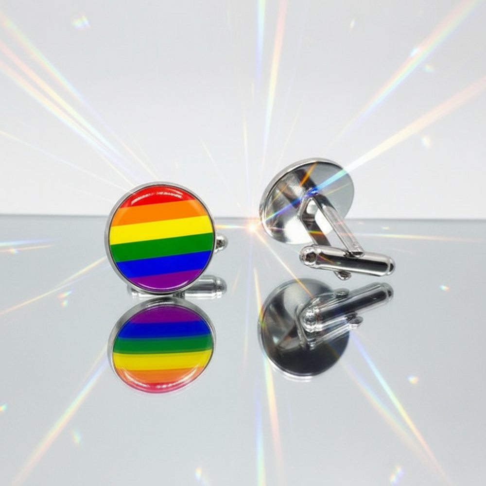 Pair of round rainbow-striped enamel cufflinks on a reflective surface, one shown from the back
