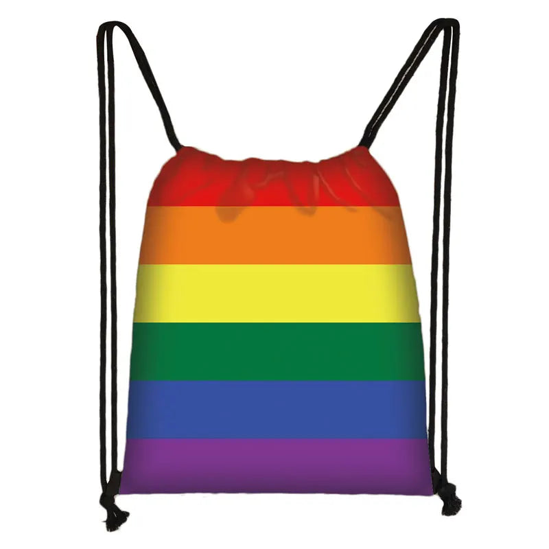 Front-facing rainbow-striped drawstring backpack with black shoulder cords
