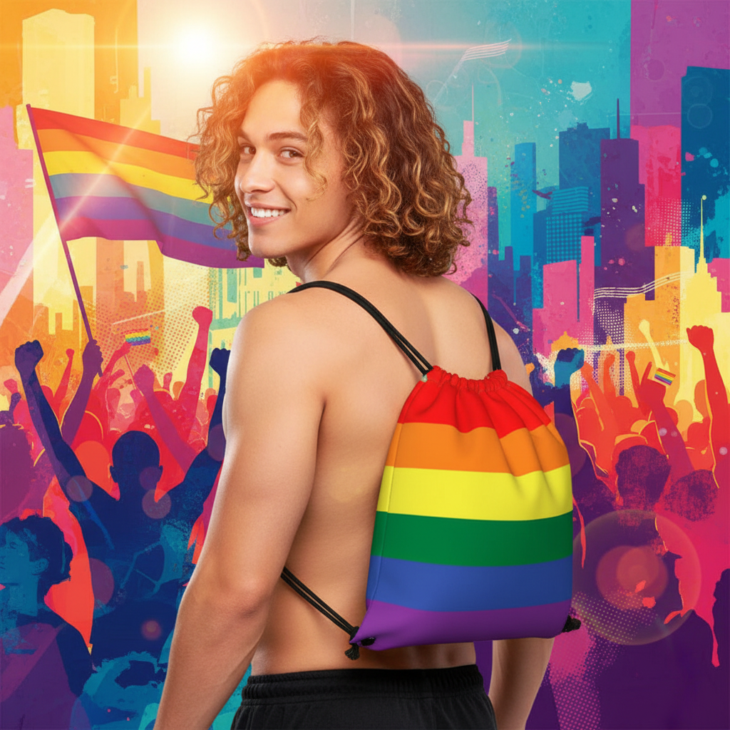 Model wearing a rainbow Pride drawstring bag over one shoulder