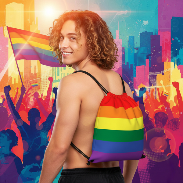 Model wearing a rainbow Pride drawstring bag over one shoulder