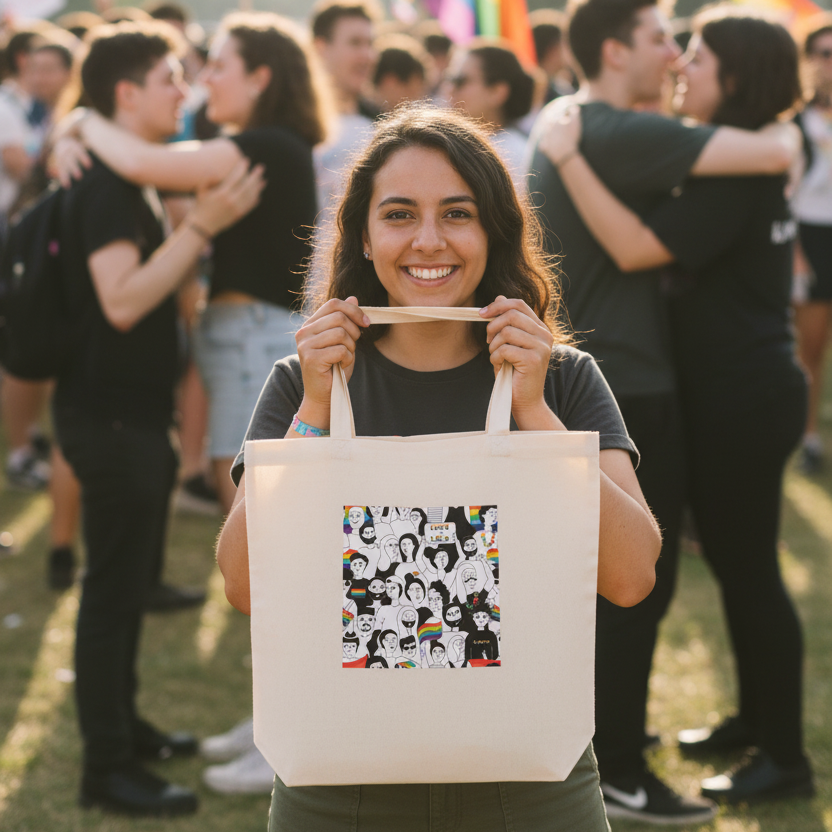 LGBT Pride Eco Tote Bag with rainbow cartoon faces, held by a smiling person in a joyful queer crowd