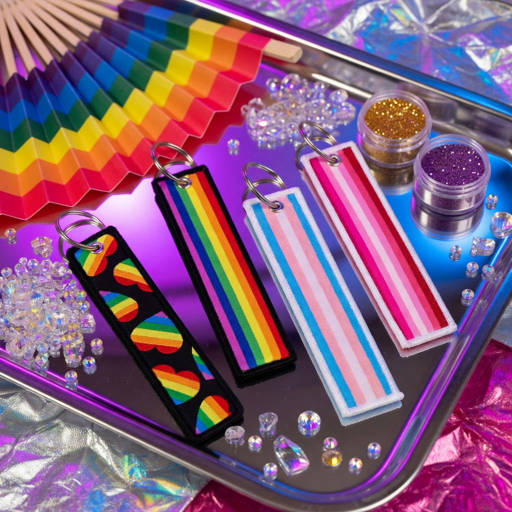 Metallic tray with Pride accessories: rainbow fan, gold and purple glitter jars, acrylic gems