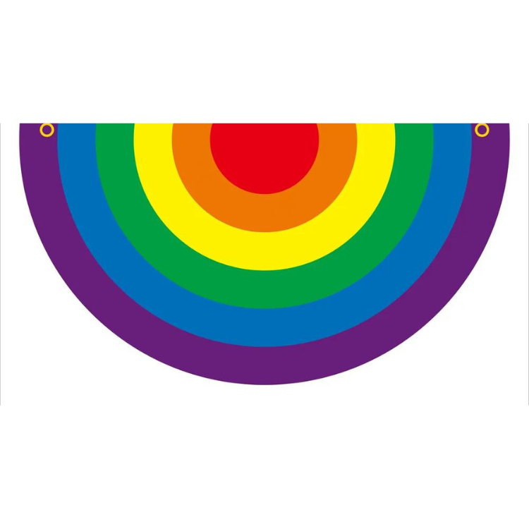 Close-up of rainbow Pride bunting with concentric color bands and two hanging eyelets